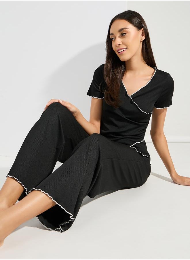 Styli Mono Contrast Edge Rib Wrap Over T-Shirt & Pyjama Set  - Image 1