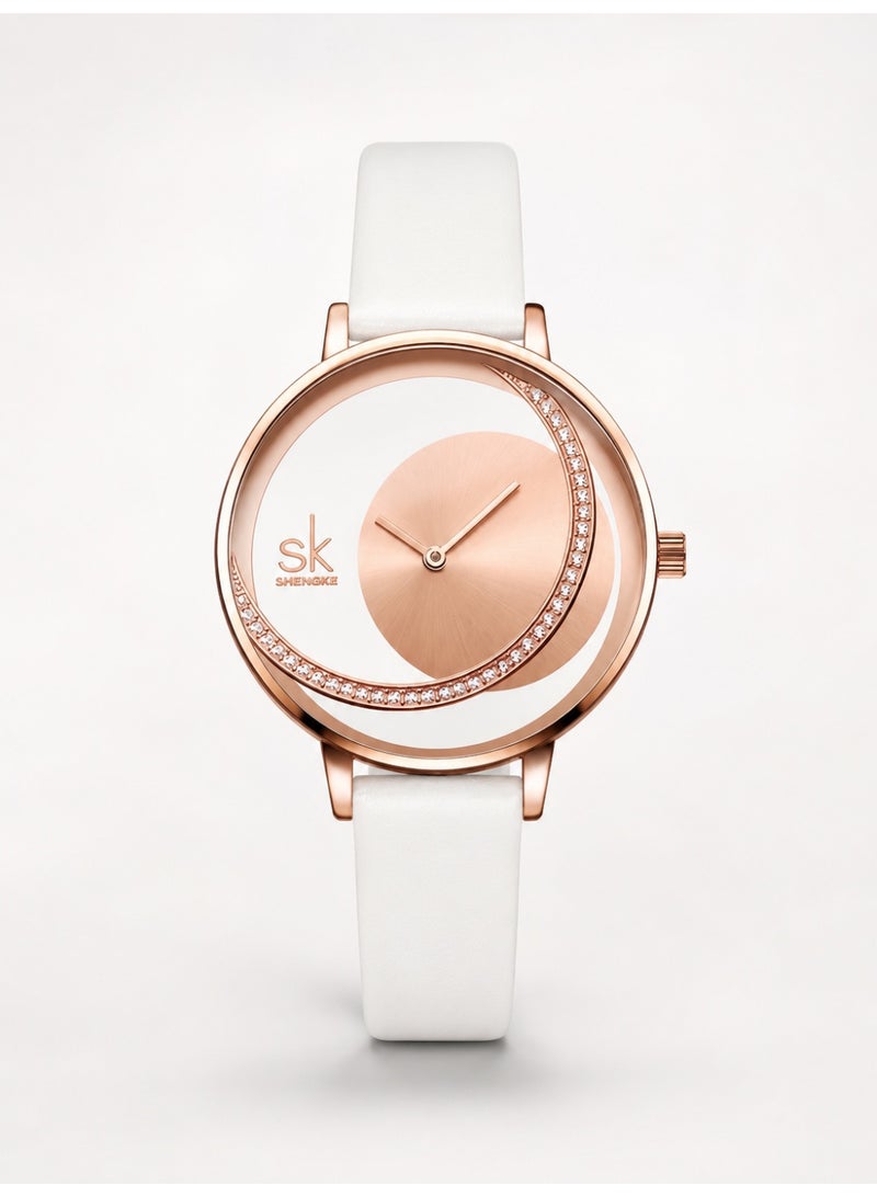 shengke Ladies Watch for Women, Waterproof Quartz Watch with White Leather Strap, Rose Gold Rhinestone Dial, Elegant Fashion Wrist Watch for Daily Wear and Gifts - Image 1