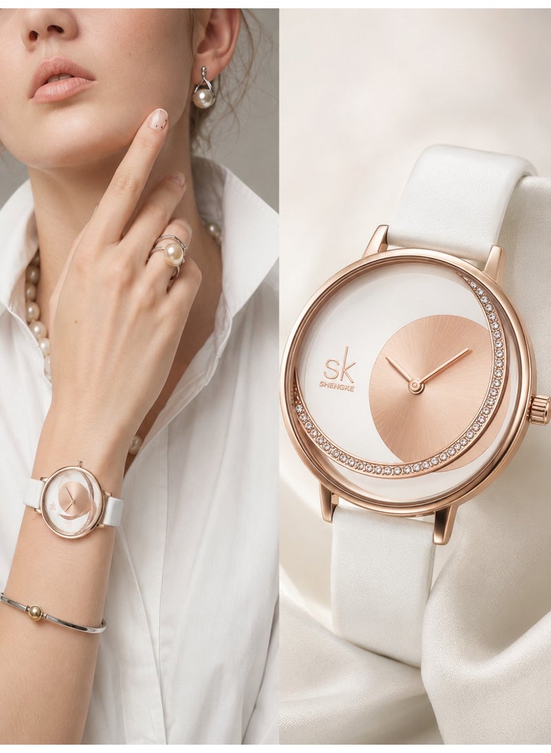 shengke Ladies Watch for Women, Waterproof Quartz Watch with White Leather Strap, Rose Gold Rhinestone Dial, Elegant Fashion Wrist Watch for Daily Wear and Gifts - Image 2