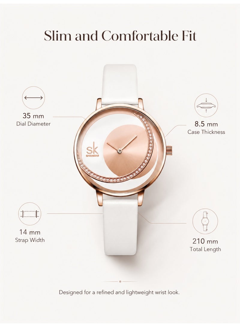 shengke Ladies Watch for Women, Waterproof Quartz Watch with White Leather Strap, Rose Gold Rhinestone Dial, Elegant Fashion Wrist Watch for Daily Wear and Gifts - Image 5