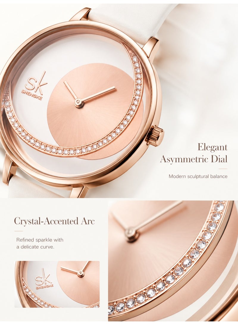 shengke Ladies Watch for Women, Waterproof Quartz Watch with White Leather Strap, Rose Gold Rhinestone Dial, Elegant Fashion Wrist Watch for Daily Wear and Gifts - Image 3