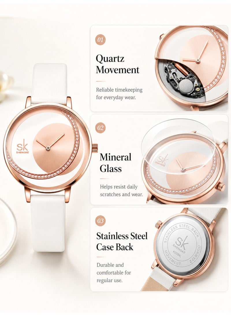shengke Ladies Watch for Women, Waterproof Quartz Watch with White Leather Strap, Rose Gold Rhinestone Dial, Elegant Fashion Wrist Watch for Daily Wear and Gifts - Image 4