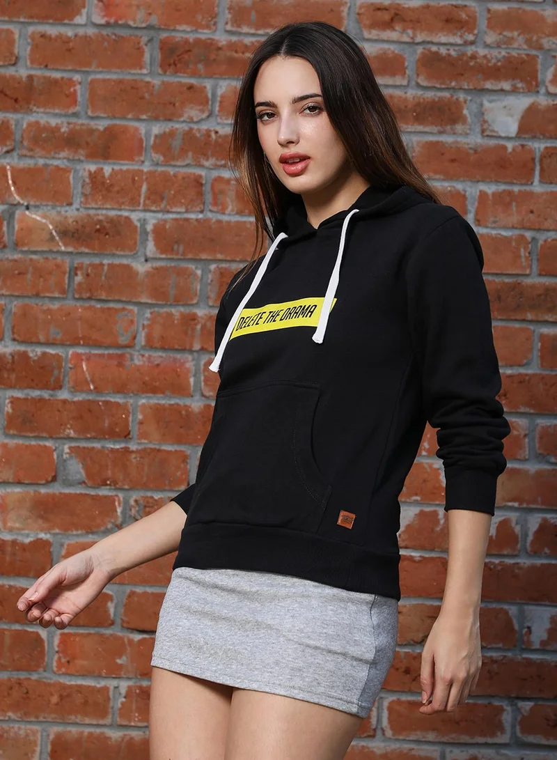 Campus Sutra Women's Obsidian Black Delete The Drama Pullover Hoodie