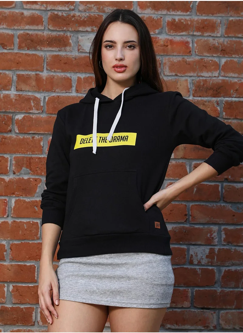 Campus Sutra Women's Obsidian Black Delete The Drama Pullover Hoodie