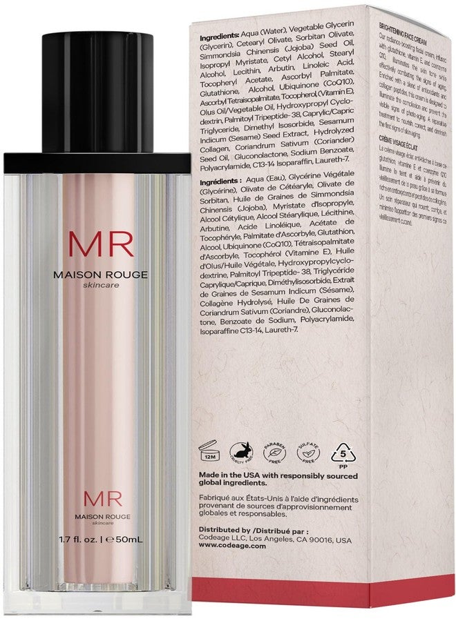 Codeage Maison Rouge Brightening Face Cream Glutathione Cream, Collagen Peptides, Vitamin E, CoQ10 - Radiance & Antioxidant Complex - Refillable - Paraben- Free - All Skin Types - 1.7 fl oz - Image 2