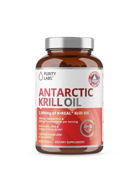 Antarctic Krill Oil 2000mg - Vegan Supplements to Support Memory, Heart & Brain Health with Astaxanthin 800mcg - Rich in Omega 3, Fatty Acids, DHA, EPA, & Phospholipids - 60 Softgels
