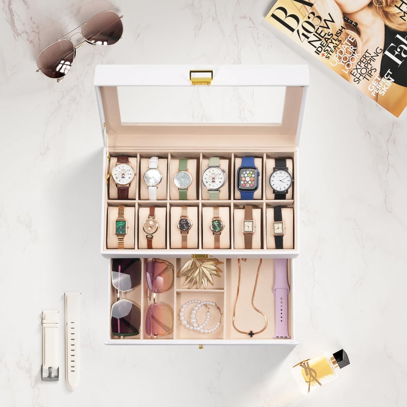 ProCase Watch Box, 12 Slot Mens Watch Case With Drawer, 2-Layer Watch Display Case With Glass Lid, Mens Jewelry Box Storage Holder Organizer, Birthday Valentine Gifts for Men -12Slot, White - Image 2