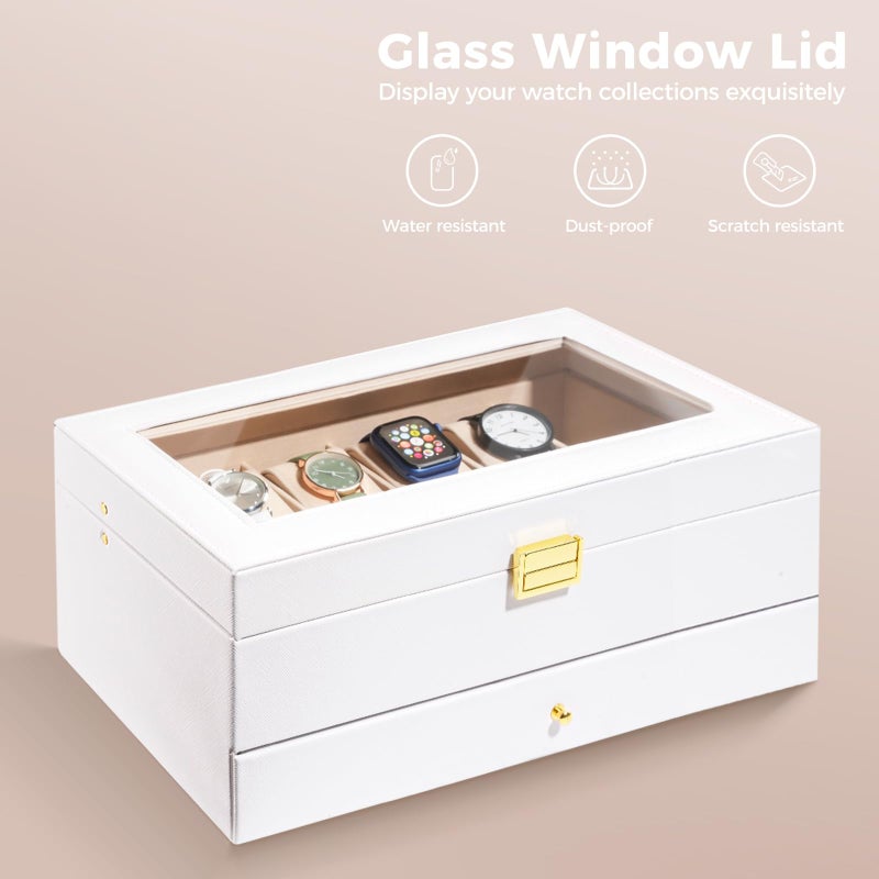 ProCase Watch Box, 12 Slot Mens Watch Case With Drawer, 2-Layer Watch Display Case With Glass Lid, Mens Jewelry Box Storage Holder Organizer, Birthday Valentine Gifts for Men -12Slot, White - Image 4