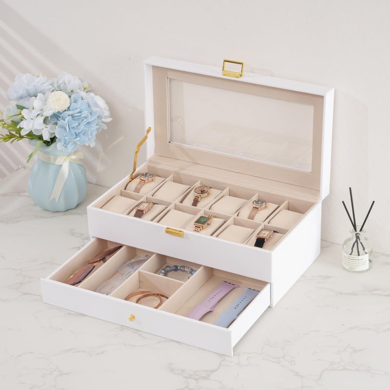 ProCase Watch Box, 12 Slot Mens Watch Case With Drawer, 2-Layer Watch Display Case With Glass Lid, Mens Jewelry Box Storage Holder Organizer, Birthday Valentine Gifts for Men -12Slot, White - Image 5