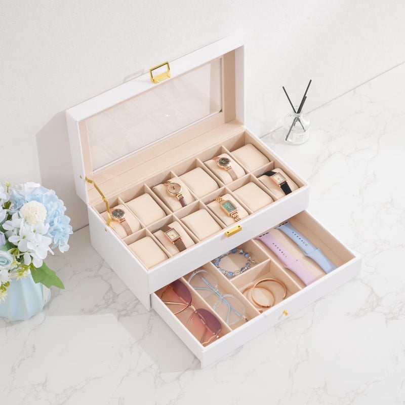 ProCase Watch Box, 12 Slot Mens Watch Case With Drawer, 2-Layer Watch Display Case With Glass Lid, Mens Jewelry Box Storage Holder Organizer, Birthday Valentine Gifts for Men -12Slot, White - Image 3