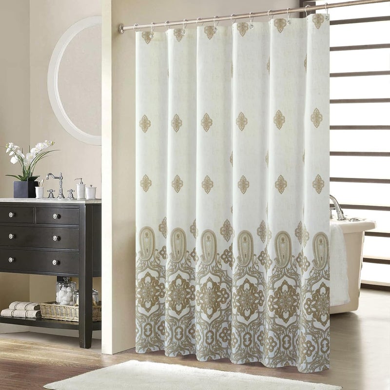 BESTRIPES Long Fabric Shower Curtain, Beige and Tan Ombre Boho Paisley Damask Print Shower Curtains for Bathroom, Waterproof Bathroom Curtains, 72" W x 78" H - Image 1