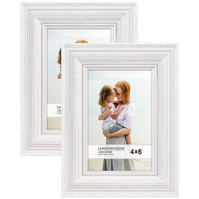 4X6 REAL WOOD PICTURE FRAMES WEATHERED WHITE GOLD ACCENTS 2 PACK FRENCH COUNTRY STYLE WOODEN PHOTO FRAME 4 X 6 LUMINA COLLECTION