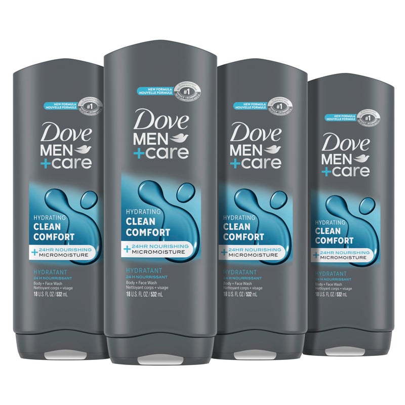 Dove Men+Care دوف للرجال + العناية غسول الجسم والوجه نظافة مريحة 4 عبوات لبشرة أكثر صحة وقوة يغسل البكتيريا بفعالية بينما يغذي بشرتك، 18 أونصة - Image 1