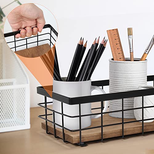 TJMOREE TJ.MOREE 2-Pack Small Metal Wire Basket, Decorative Wood Base Organizer for Bathroom, Kitchen, Basket for Toilet Paper Storage, Sugar Packet, Coffee Syrup, Guest Towel, Napkin - Image 4
