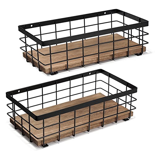 TJMOREE TJ.MOREE 2-Pack Small Metal Wire Basket, Decorative Wood Base Organizer for Bathroom, Kitchen, Basket for Toilet Paper Storage, Sugar Packet, Coffee Syrup, Guest Towel, Napkin - Image 1
