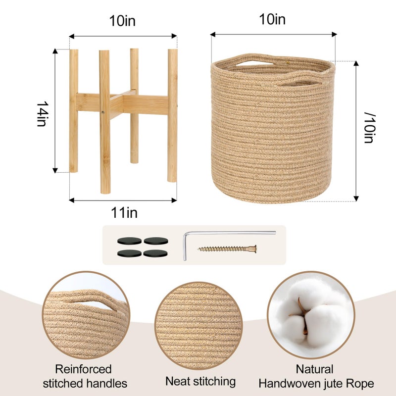 WILLITAT Plant Basket with Stand, Indoor Round Wicker Basket Plant with Bamboo Wood Stand, Decorative Woven Rope Flower Indoor Planter with Legs, Boho Bamboo Wood Planter Holder (Jute) - Image 2