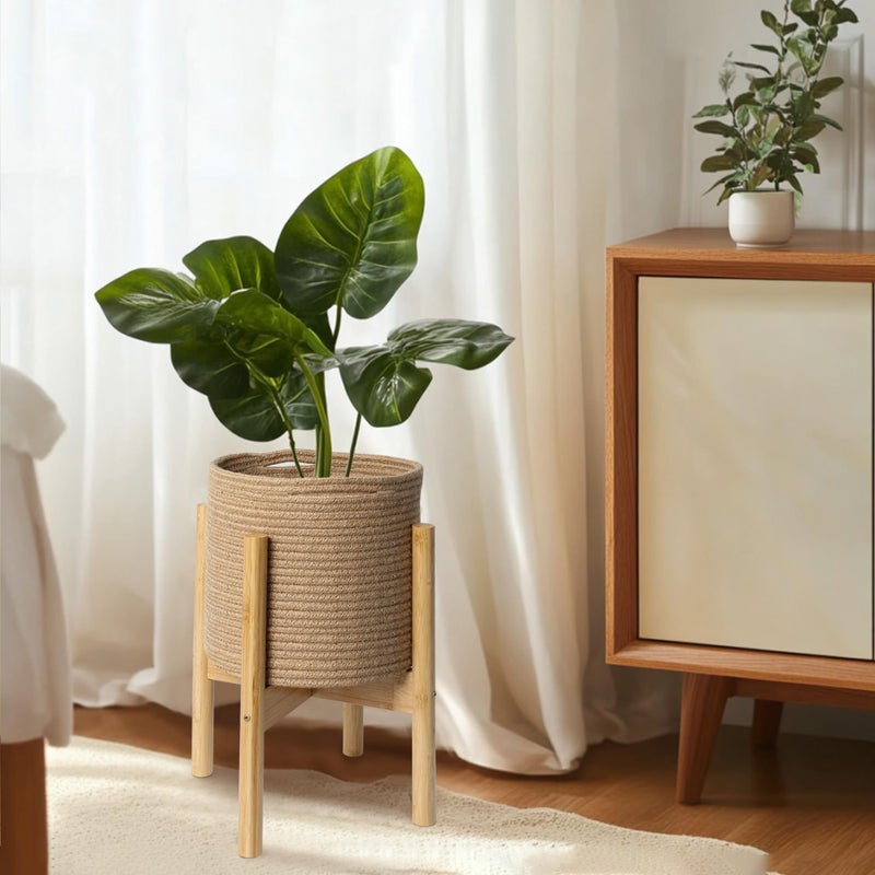 WILLITAT Plant Basket with Stand, Indoor Round Wicker Basket Plant with Bamboo Wood Stand, Decorative Woven Rope Flower Indoor Planter with Legs, Boho Bamboo Wood Planter Holder (Jute) - Image 5