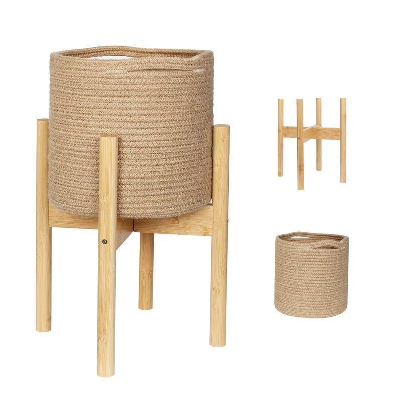 WILLITAT Plant Basket with Stand, Indoor Round Wicker Basket Plant with Bamboo Wood Stand, Decorative Woven Rope Flower Indoor Planter with Legs, Boho Bamboo Wood Planter Holder (Jute) - Image 1