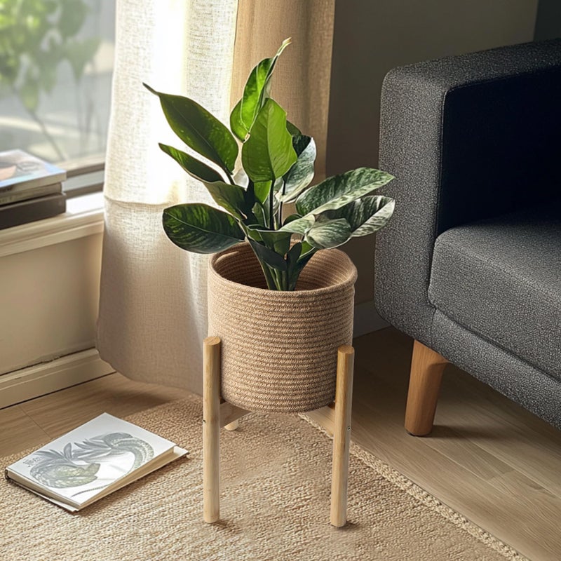WILLITAT Plant Basket with Stand, Indoor Round Wicker Basket Plant with Bamboo Wood Stand, Decorative Woven Rope Flower Indoor Planter with Legs, Boho Bamboo Wood Planter Holder (Jute) - Image 4