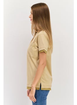 ESPRIT Women Crew Neck Short Sleeves Plain T-Shirt, Khaki  - Image 2