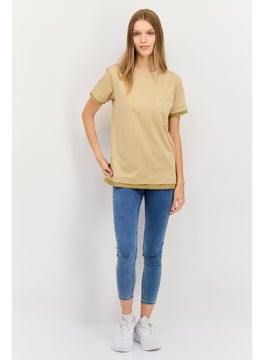 ESPRIT Women Crew Neck Short Sleeves Plain T-Shirt, Khaki  - Image 3