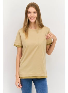 ESPRIT Women Crew Neck Short Sleeves Plain T-Shirt, Khaki  - Image 1