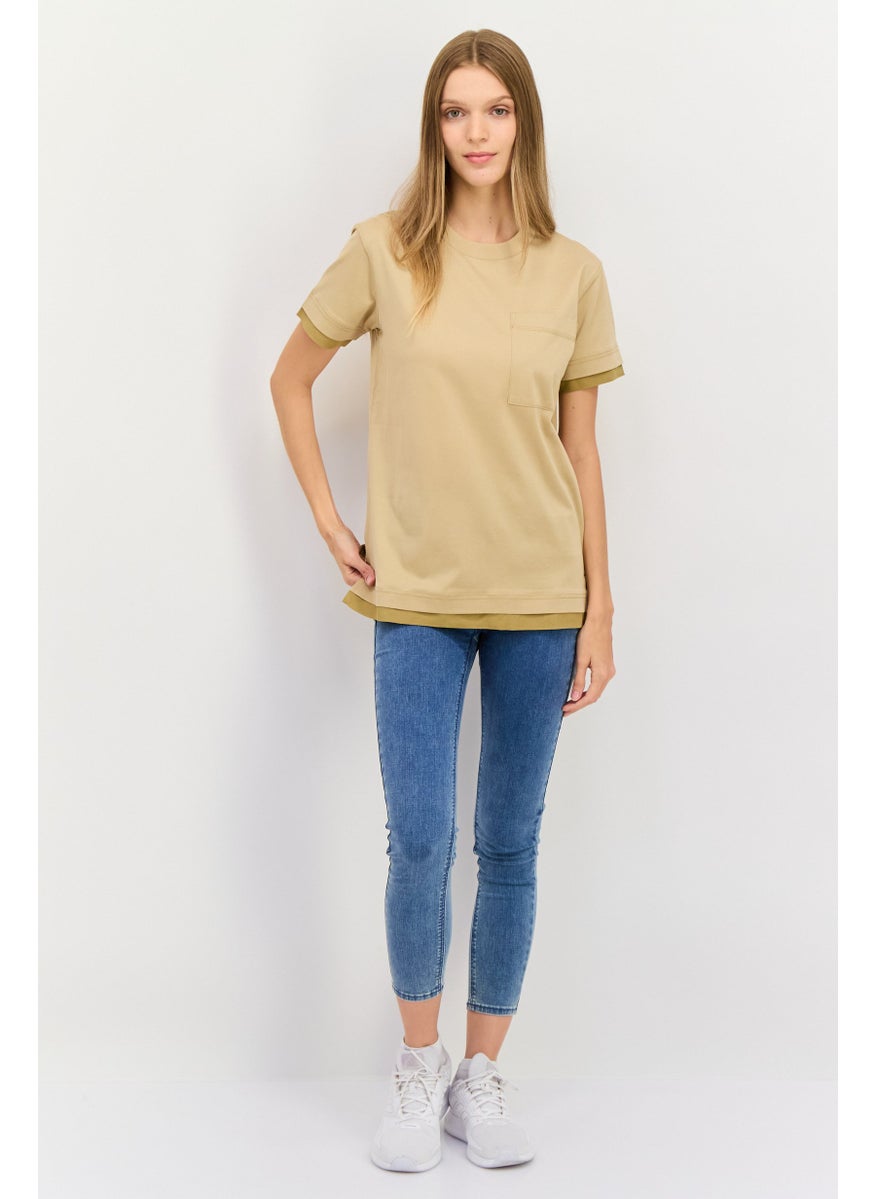 ESPRIT Women Crew Neck Short Sleeves Plain T-Shirt, Khaki  - Image 3