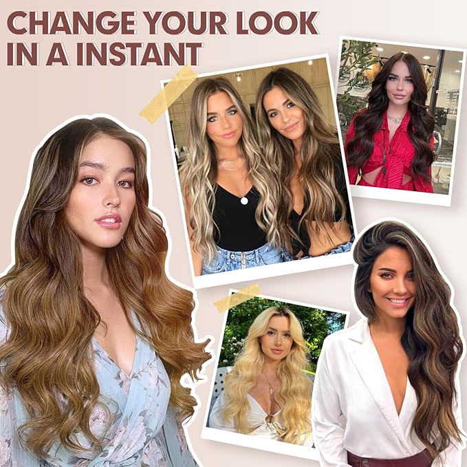 إضافات شعر FESHFEN القابلة للتثبيت 4 قطع قطع شعر سميكة بني شوكولاتة طويلة مموجة قطعة شعر قابلة للتثبيت كاملة الرأس إضافات شعر صناعية للنساء 20 بوصة