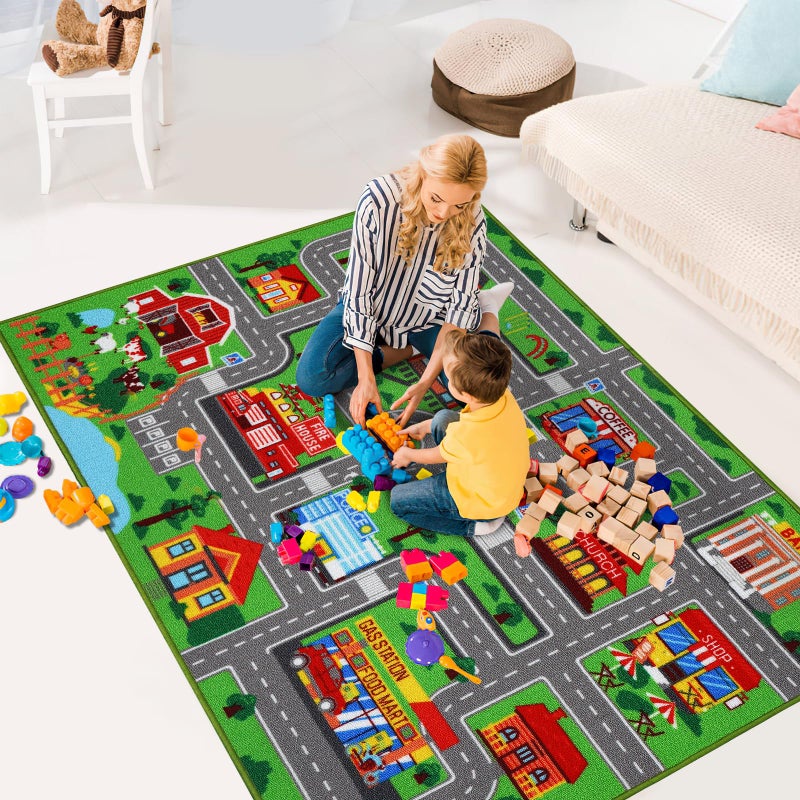 AKASISRUG Kids Carpet Playmat Rug 78.7"x59", Car Rug for Kids Cars, Non-Slip Town City Road Map Kids Rug for Playroom Bedroom Boys, Kids Cars Road Rugs, Track Carpets (78.7X59Inch,Green) - Image 3