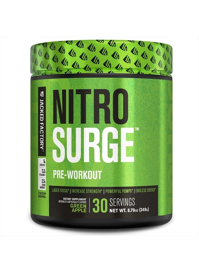 Jacked Factory NITROSURGE Pre Workout Supplement - Endless Energy, Instant Strength Gains, Clear Focus, Intense Pumps - NO Booster & Powerful Preworkout Energy Powder - 30 Servings, Green Apple - Image 1