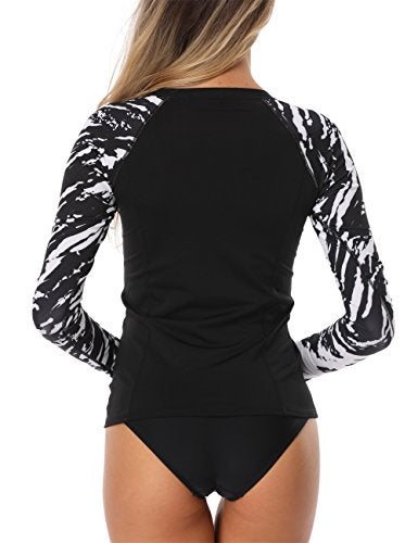 AXESEA Women Long Sleeve Swimsuits Printed Zip Front Rash Guard UV Sun Protective Surfing Shirts, Black2, US 8 - Image 3