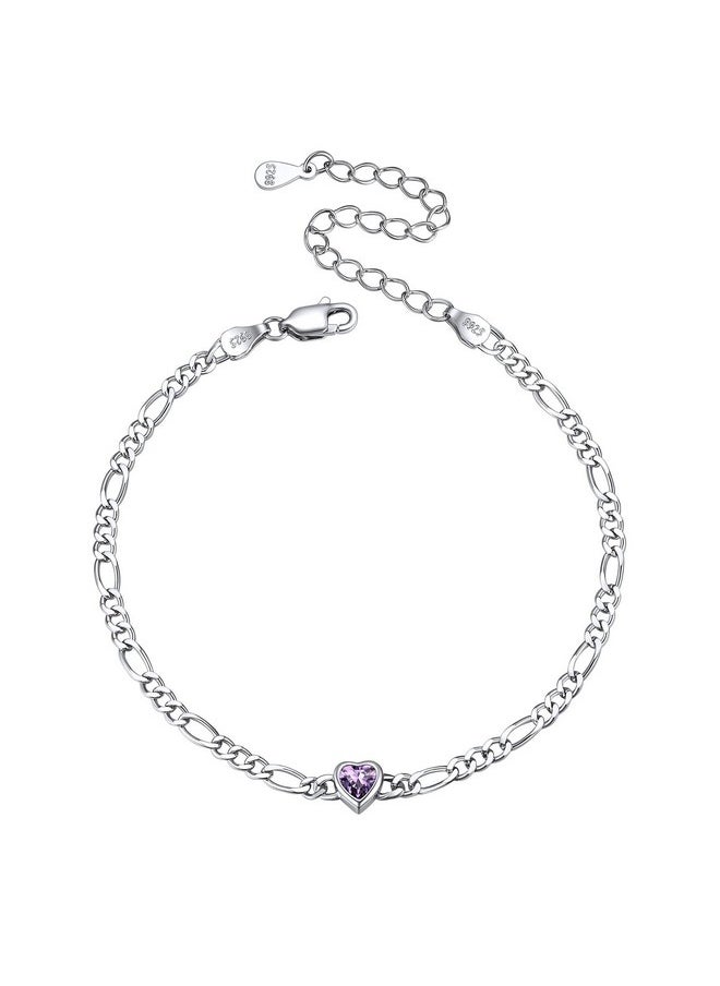 ChicSilver - 925 Sterling Silver Heart Bracelet For Women Dainty 3Mm Cubic Zirconia Cz Created Amethyst February Birthstone Figaro Chain Bracelet Birthday Jewelry Gifts - Image 1