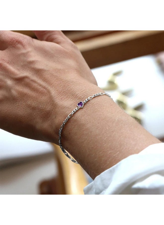 ChicSilver - 925 Sterling Silver Heart Bracelet For Women Dainty 3Mm Cubic Zirconia Cz Created Amethyst February Birthstone Figaro Chain Bracelet Birthday Jewelry Gifts - Image 1