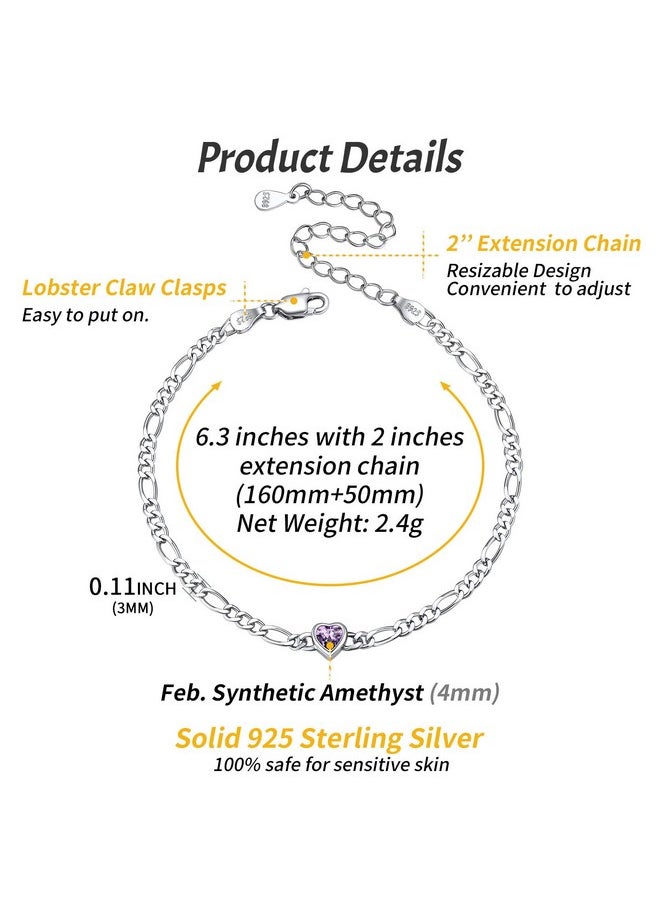 ChicSilver - 925 Sterling Silver Heart Bracelet For Women Dainty 3Mm Cubic Zirconia Cz Created Amethyst February Birthstone Figaro Chain Bracelet Birthday Jewelry Gifts - Image 1