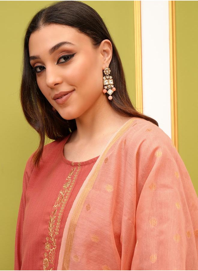 Vishudh Pack of 3 - Round Neck Embroidery Straight Kurta, Palazzos & Dupatta by Styli  - Image 2
