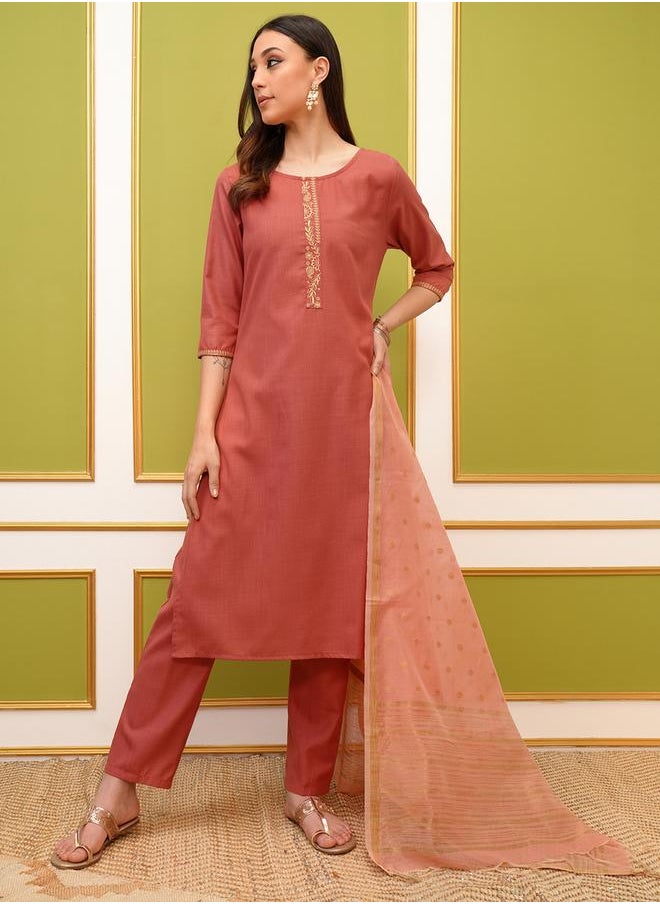 Vishudh Pack of 3 - Round Neck Embroidery Straight Kurta, Palazzos & Dupatta by Styli  - Image 1