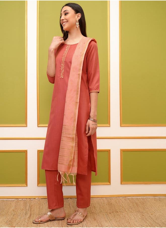 Vishudh Pack of 3 - Round Neck Embroidery Straight Kurta, Palazzos & Dupatta by Styli  - Image 4