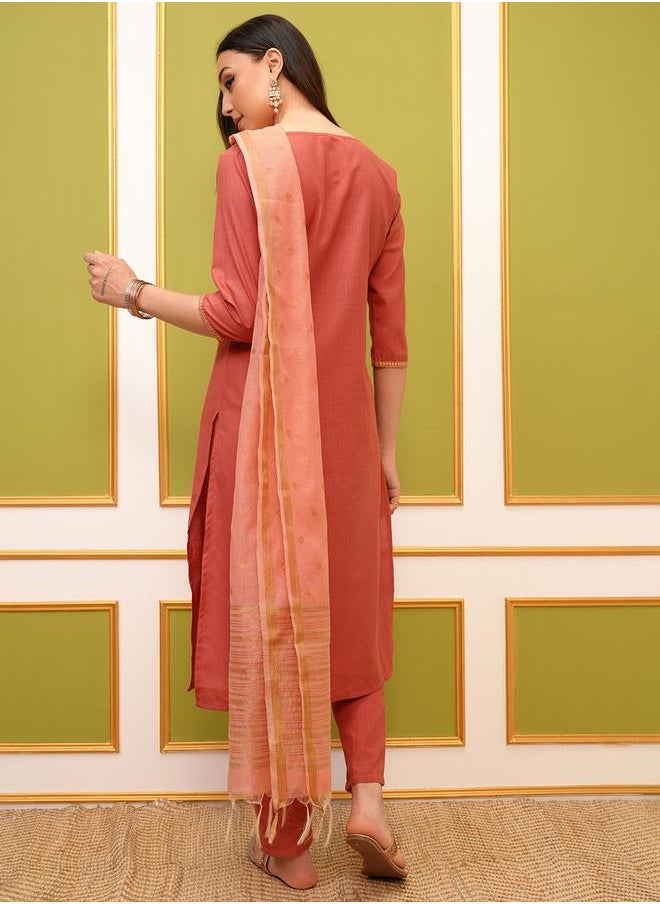 Vishudh Pack of 3 - Round Neck Embroidery Straight Kurta, Palazzos & Dupatta by Styli  - Image 3
