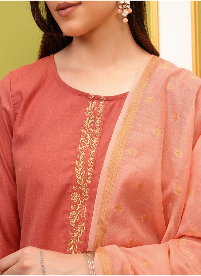 Vishudh Pack of 3 - Round Neck Embroidery Straight Kurta, Palazzos & Dupatta by Styli  - Image 5