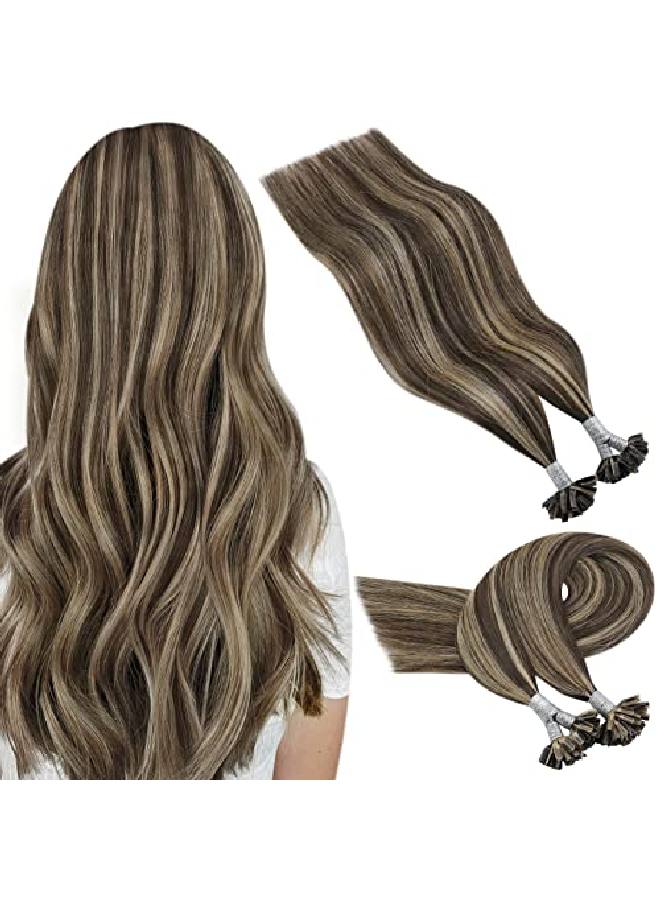 YoungSee Utip Hair Extensions Human Hair Dark Brown Highlight Blonde 14 Inch Pre Bonded U Tip Hair Extensions Brown Utip Extensions Hot Fusion Hair Extensions Soft Straight Hair 1G/S 50Strands - Image 1