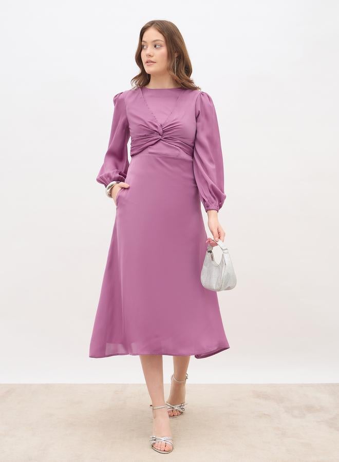 Styli Women Pink Plain Satin Knot Front Balloon Sleeves A-Line Midi Dress - Image 1