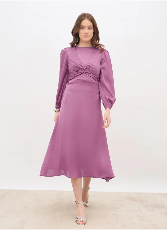 Styli Styli Women Pink Plain Satin Knot Front Balloon Sleeves A-Line Midi Dress