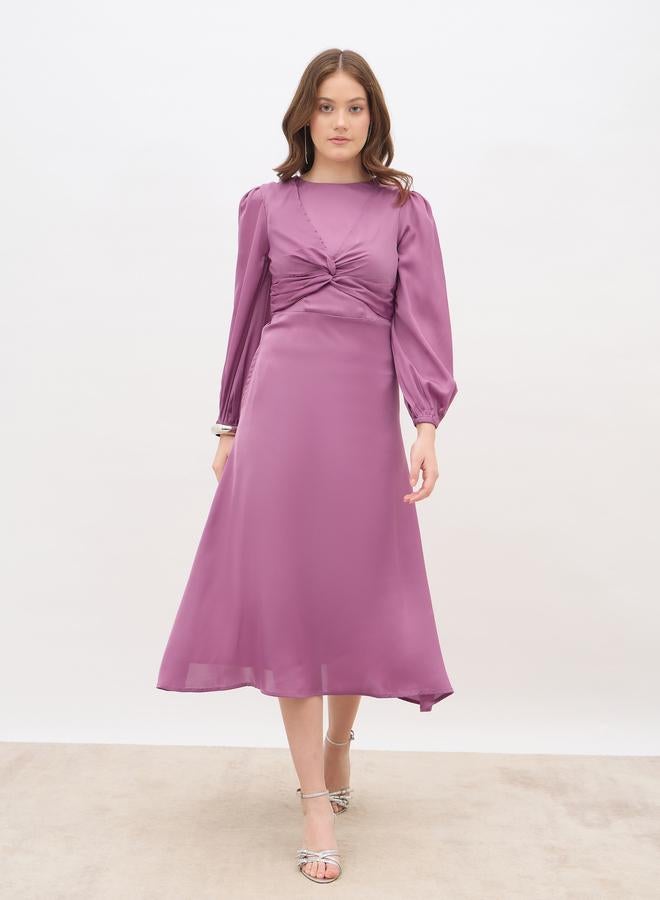 Styli Women Pink Plain Satin Knot Front Balloon Sleeves A-Line Midi Dress - Image 2