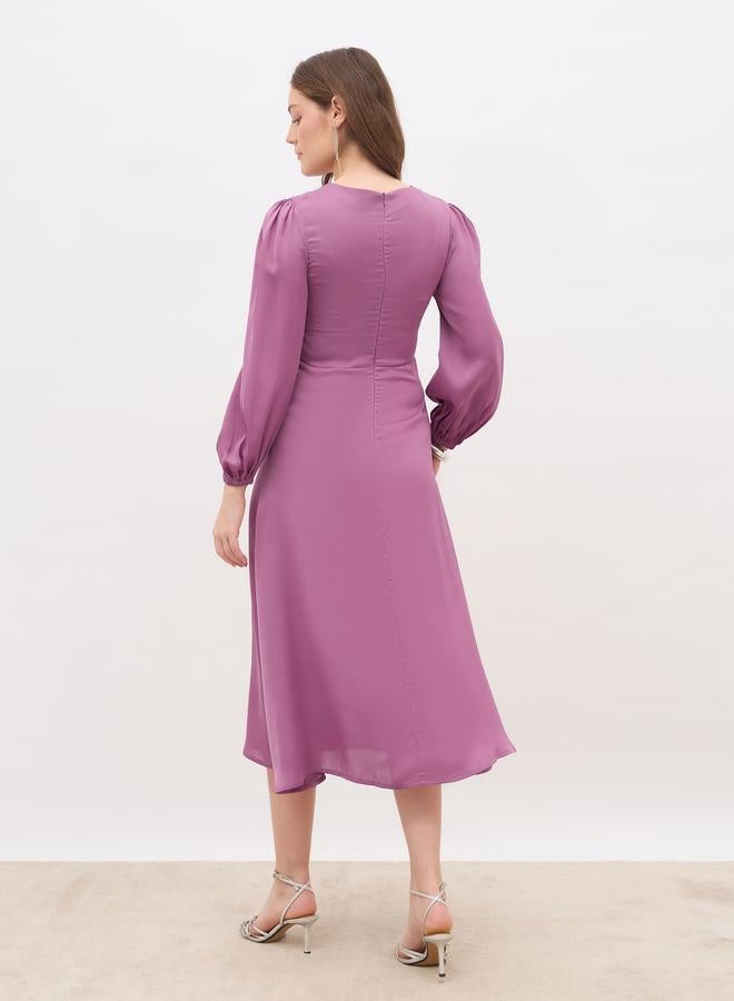 Styli Women Pink Plain Satin Knot Front Balloon Sleeves A-Line Midi Dress - Image 5