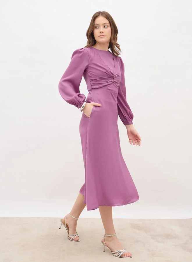 Styli Styli Women Pink Plain Satin Knot Front Balloon Sleeves A-Line Midi Dress