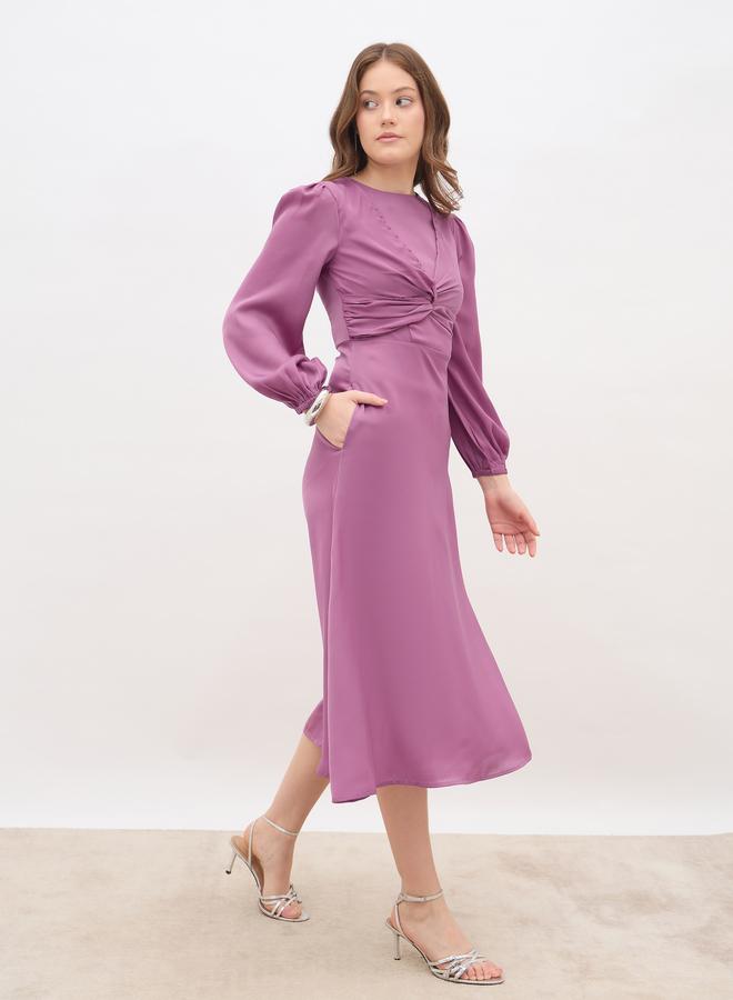 Styli Women Pink Plain Satin Knot Front Balloon Sleeves A-Line Midi Dress - Image 3