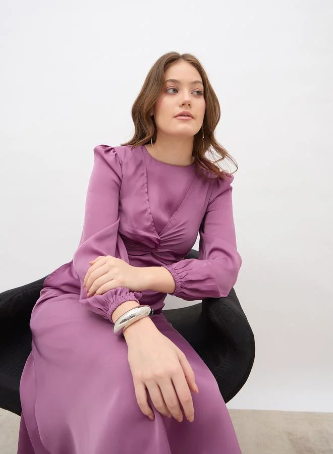 Styli Styli Women Pink Plain Satin Knot Front Balloon Sleeves A-Line Midi Dress
