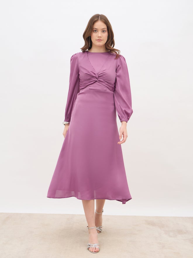 Styli Women Pink Plain Satin Knot Front Balloon Sleeves A-Line Midi Dress - Image 2