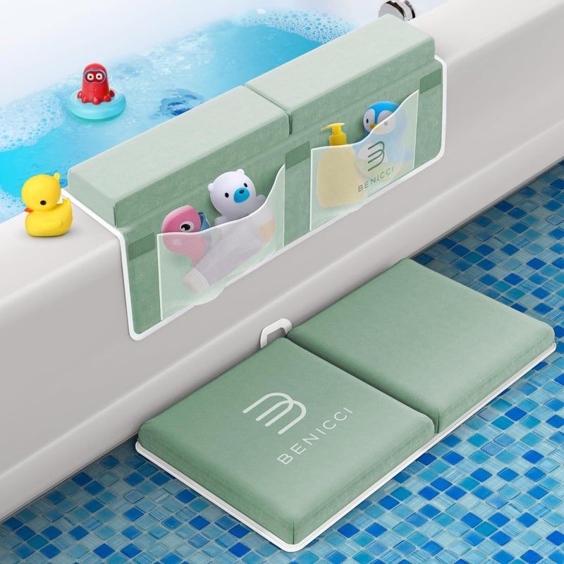Benicci Comfortable Bath Kneeler and Elbow Kneeling Rest Pad for Baby Bathing Parents - Painless Foam Mat with Toy Organizer Pockets - Quick Drying, Foldable, Non-Slip for Baby and Toddler Bathing - Green - Image 1