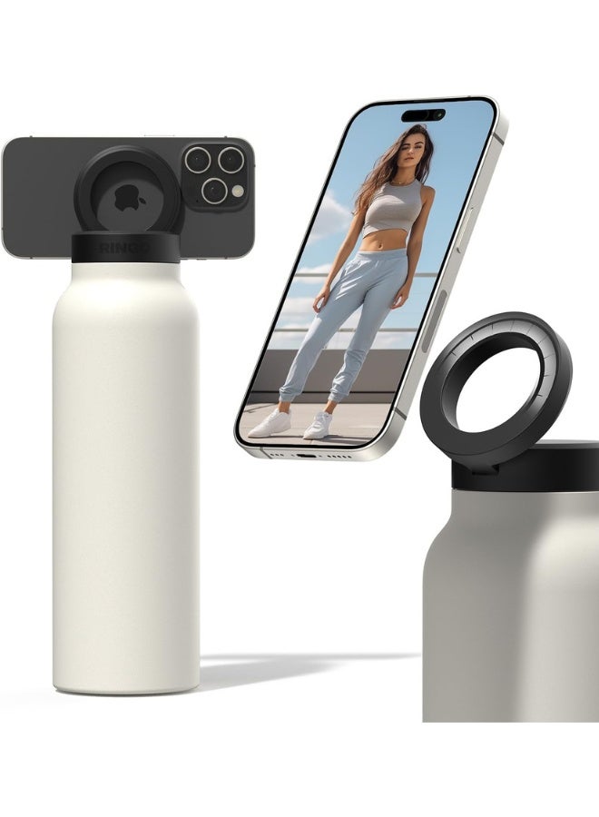 Water Bottle + Free Magnetic Booster Ring,Stainless Steel Hydration Bottle w/ Integrated MagSafe Phone Mount, 12Hrs Hot/24Hrs Cold, BPA-Free, Works w/  iOS- Stainless 800ML(CREAM). - Image 1